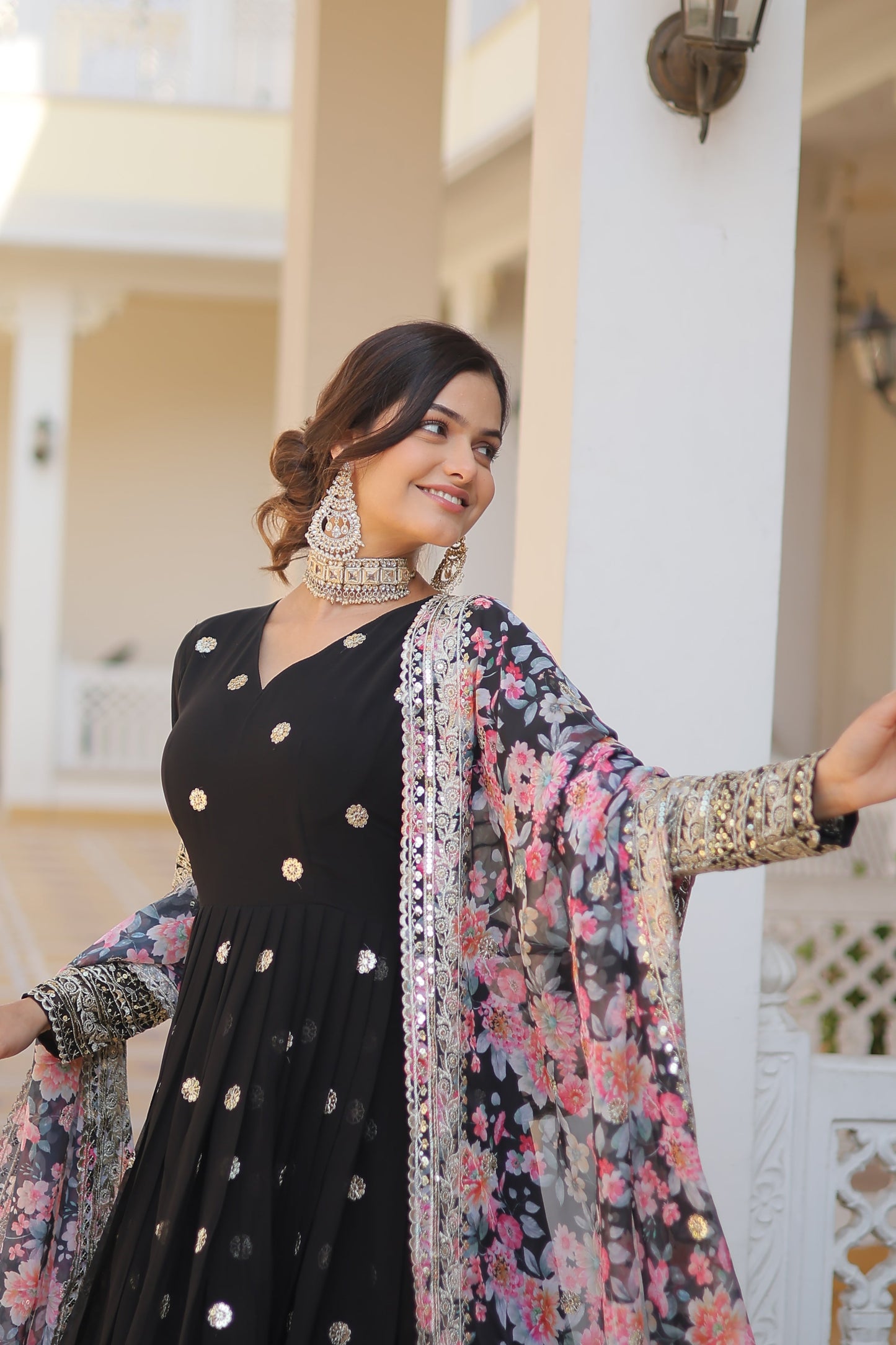 BLACK FAUX GEORGETTE WITH EMBROIDERY ZARI SEQUINS-WORK GOWN