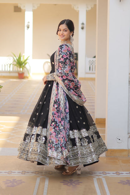 BLACK FAUX GEORGETTE WITH EMBROIDERY ZARI SEQUINS-WORK GOWN