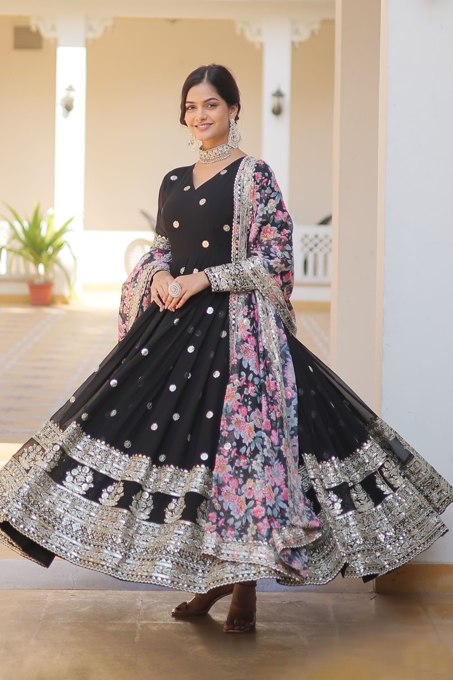 BLACK FAUX GEORGETTE WITH EMBROIDERY ZARI SEQUINS-WORK GOWN