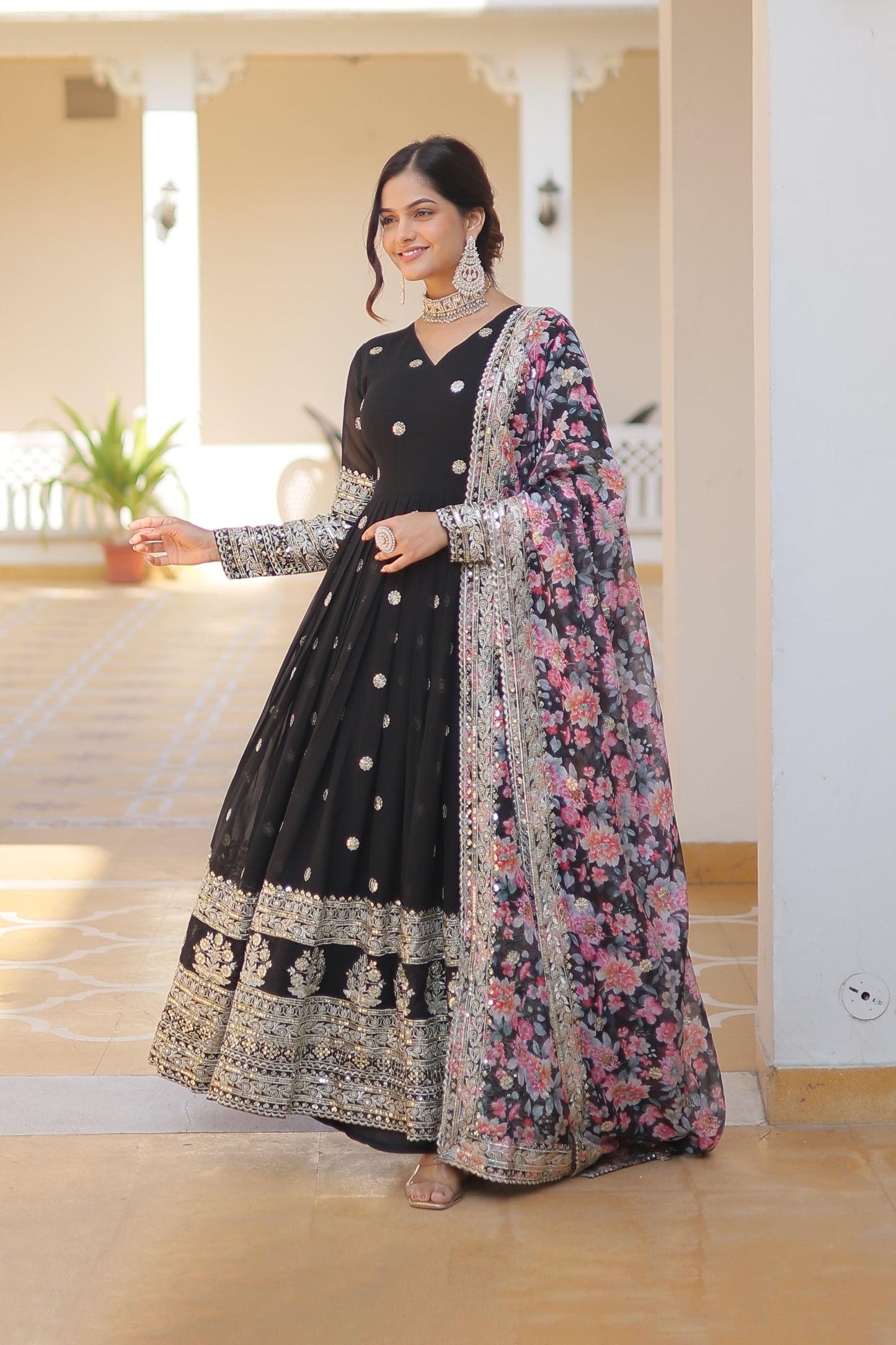 BLACK FAUX GEORGETTE WITH EMBROIDERY ZARI SEQUINS-WORK GOWN