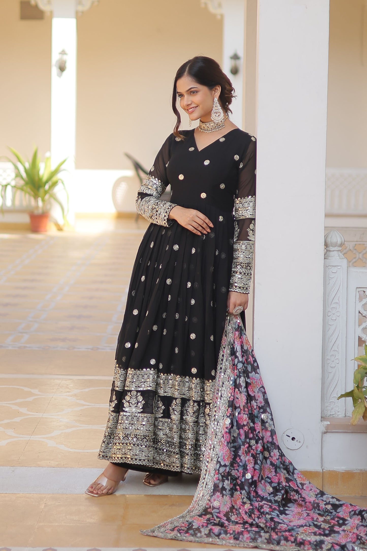 BLACK FAUX GEORGETTE WITH EMBROIDERY ZARI SEQUINS-WORK GOWN