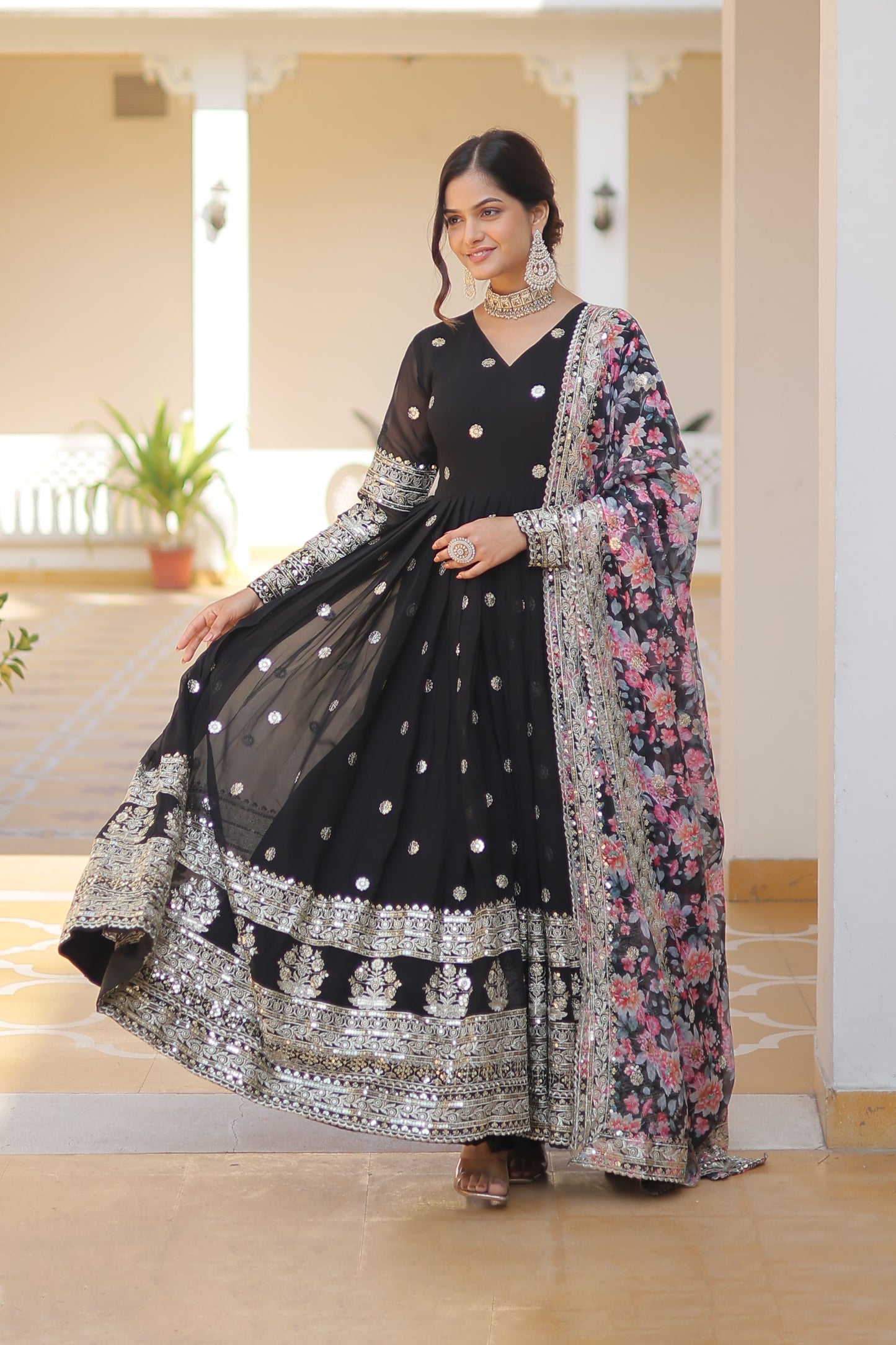 BLACK FAUX GEORGETTE WITH EMBROIDERY ZARI SEQUINS-WORK GOWN