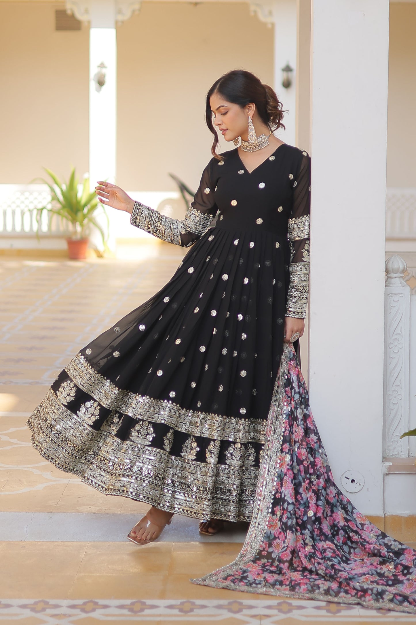 BLACK FAUX GEORGETTE WITH EMBROIDERY ZARI SEQUINS-WORK GOWN