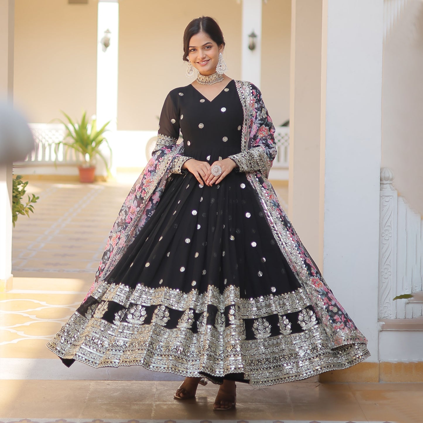 BLACK FAUX GEORGETTE WITH EMBROIDERY ZARI SEQUINS-WORK GOWN
