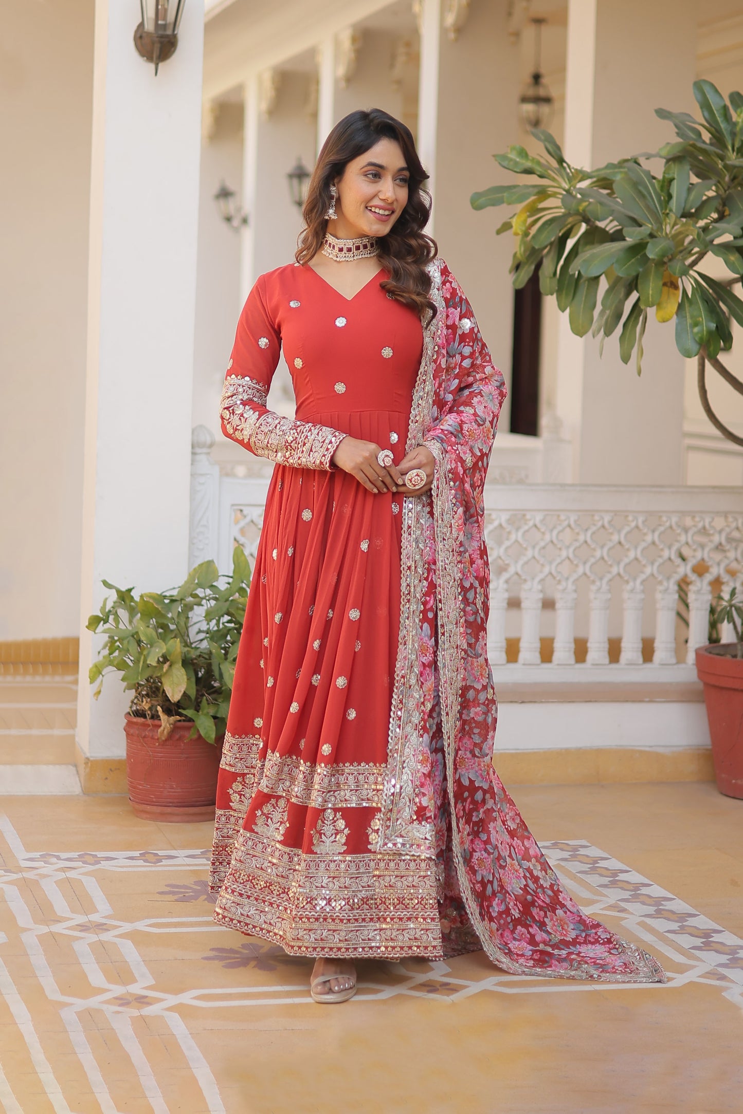 ORANGE FAUX GEORGETTE WITH EMBROIDERY ZARI SEQUINS-WORK GOWN