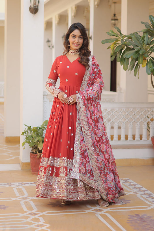 ORANGE FAUX GEORGETTE WITH EMBROIDERY ZARI SEQUINS-WORK GOWN