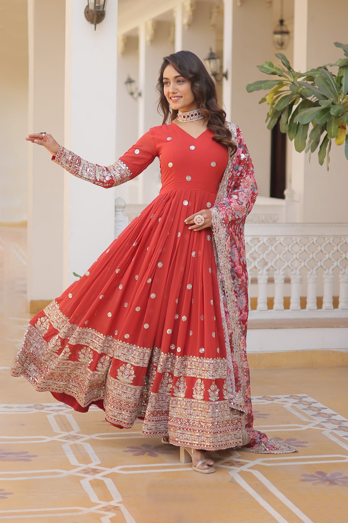 ORANGE FAUX GEORGETTE WITH EMBROIDERY ZARI SEQUINS-WORK GOWN