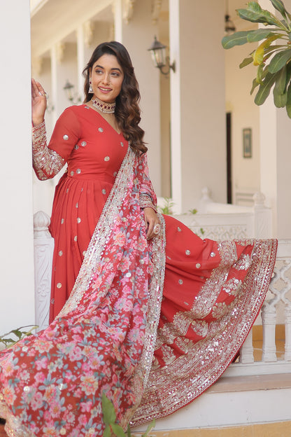 ORANGE FAUX GEORGETTE WITH EMBROIDERY ZARI SEQUINS-WORK GOWN
