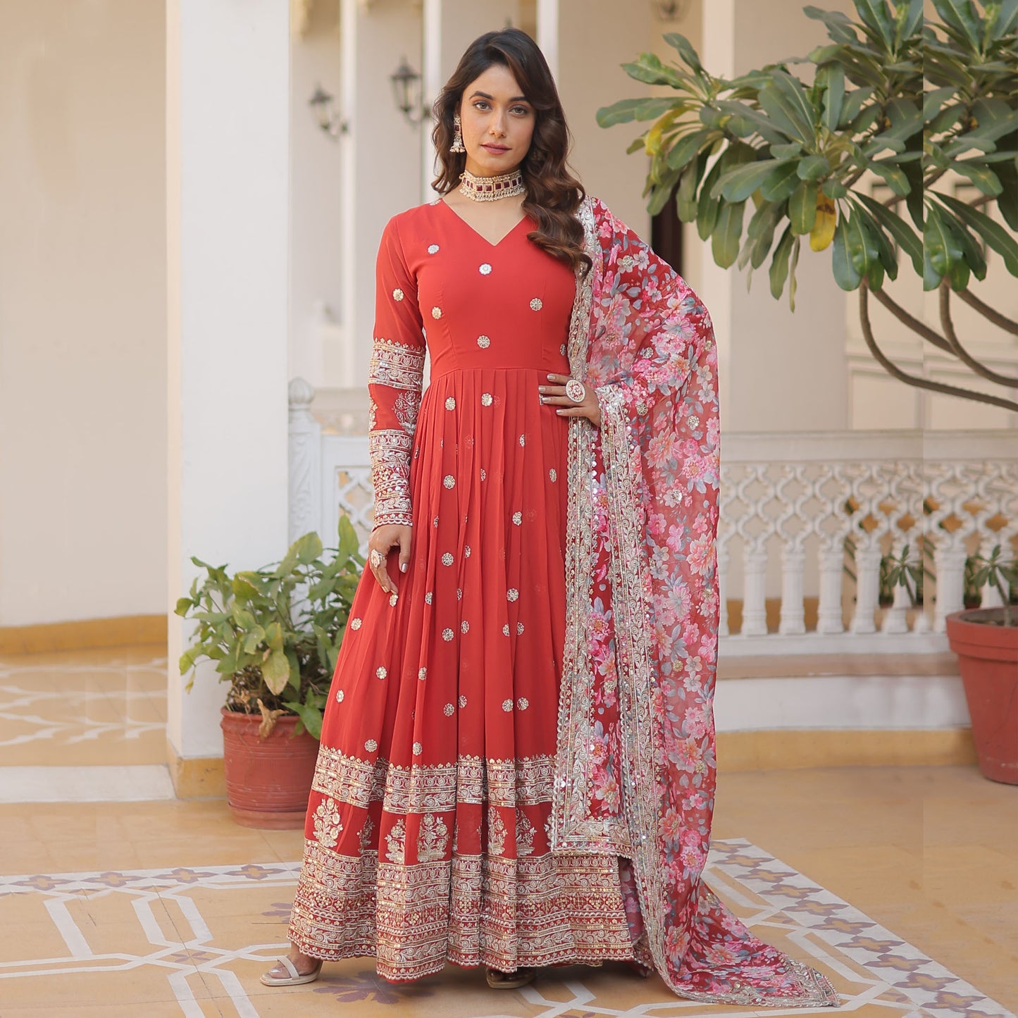 ORANGE FAUX GEORGETTE WITH EMBROIDERY ZARI SEQUINS-WORK GOWN