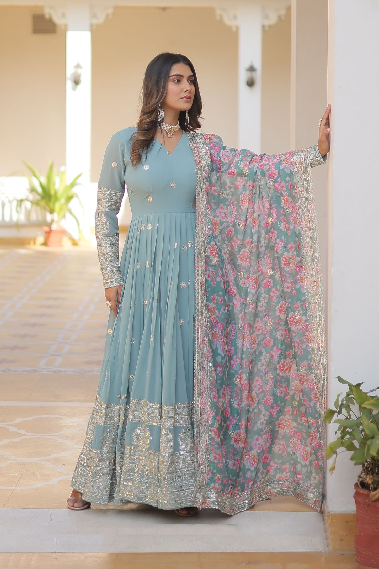 SKY FAUX GEORGETTE WITH EMBROIDERY ZARI SEQUINS-WORK GOWN