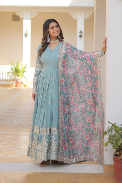 SKY FAUX GEORGETTE WITH EMBROIDERY ZARI SEQUINS-WORK GOWN