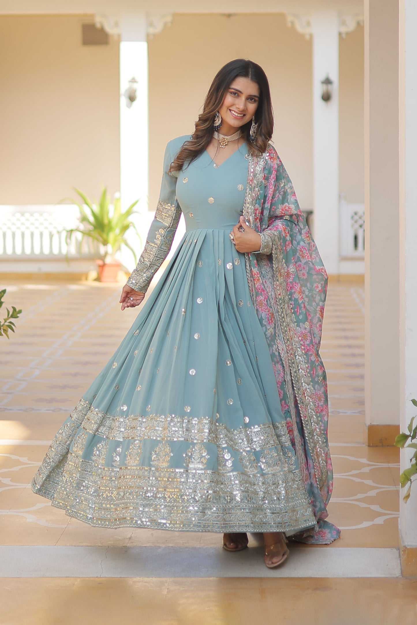 SKY FAUX GEORGETTE WITH EMBROIDERY ZARI SEQUINS-WORK GOWN
