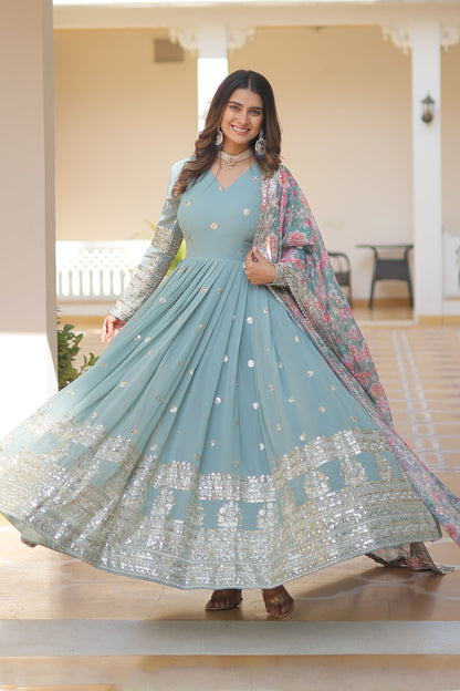 SKY FAUX GEORGETTE WITH EMBROIDERY ZARI SEQUINS-WORK GOWN