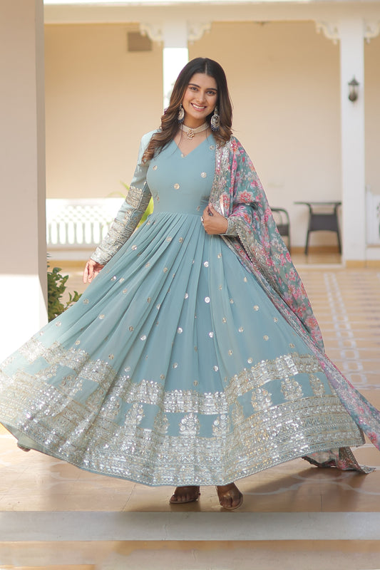 SKY FAUX GEORGETTE WITH EMBROIDERY ZARI SEQUINS-WORK GOWN