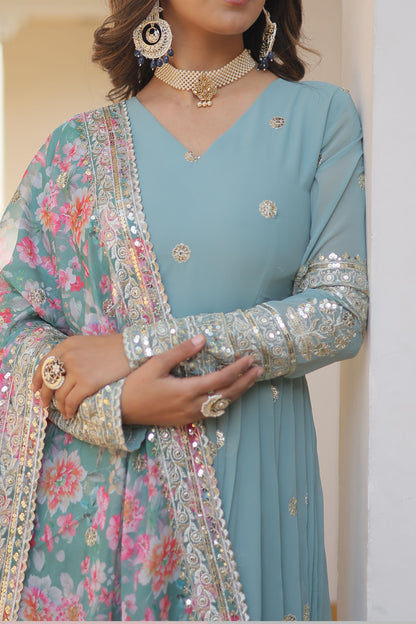 SKY FAUX GEORGETTE WITH EMBROIDERY ZARI SEQUINS-WORK GOWN