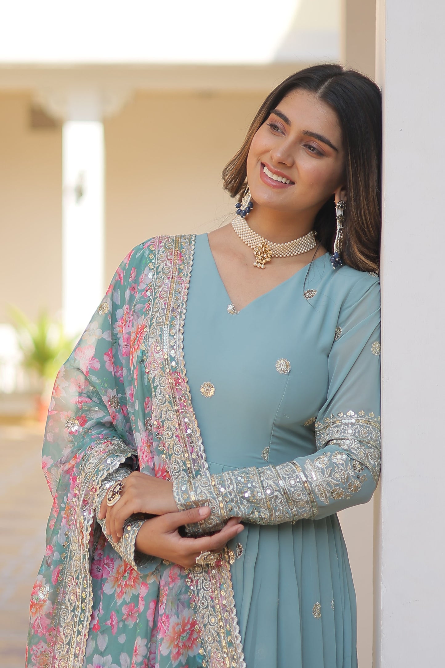 SKY FAUX GEORGETTE WITH EMBROIDERY ZARI SEQUINS-WORK GOWN