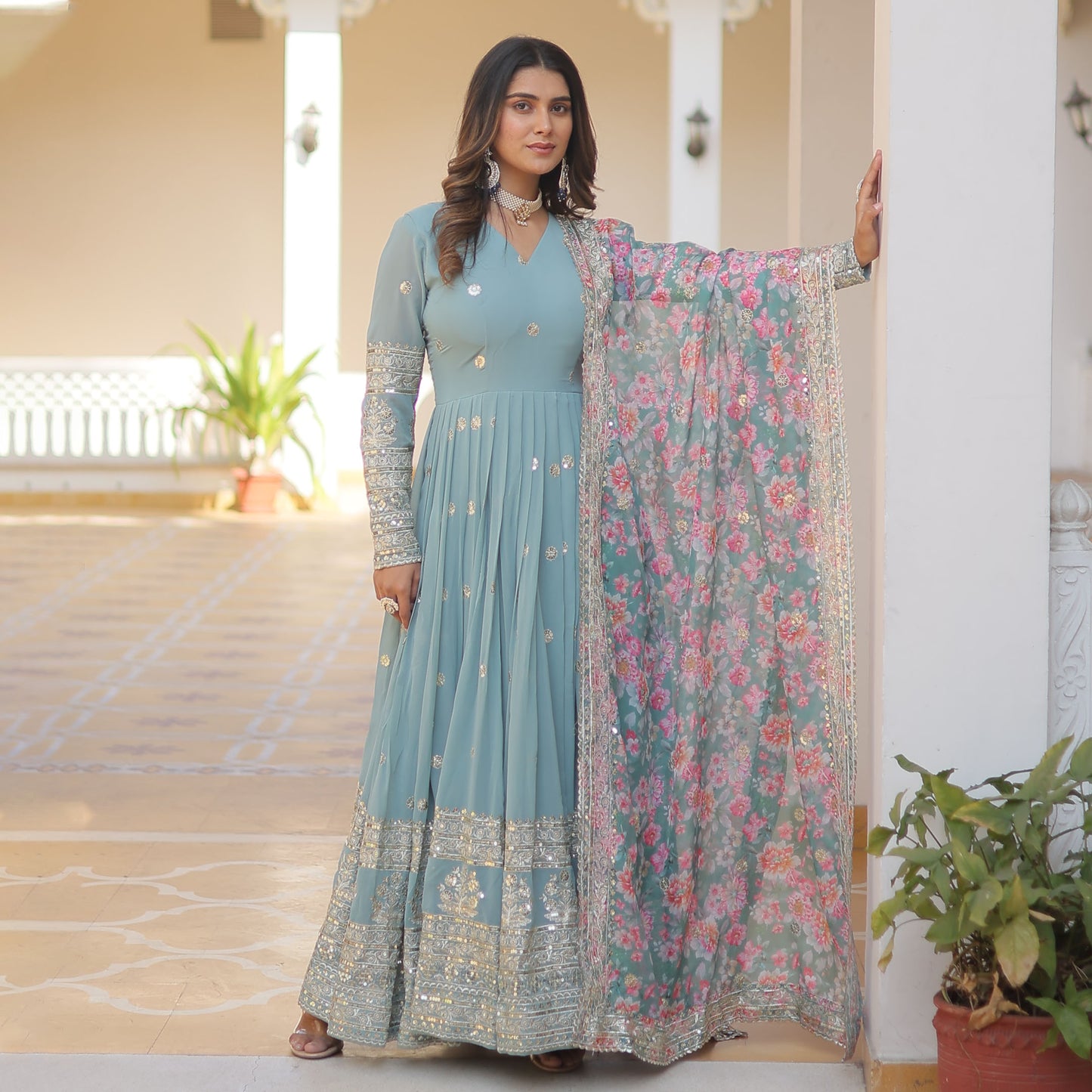 SKY FAUX GEORGETTE WITH EMBROIDERY ZARI SEQUINS-WORK GOWN