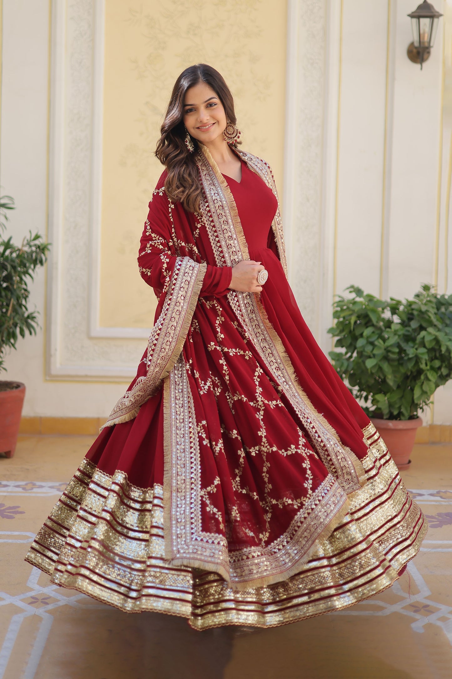 MAROON FAUX BLOOMING WITH EMBROIDERY ZARI SEQUINS-WORK GOWN