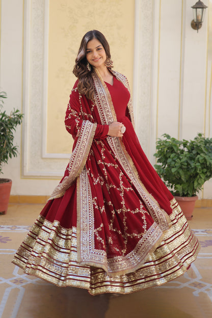MAROON FAUX BLOOMING WITH EMBROIDERY ZARI SEQUINS-WORK GOWN