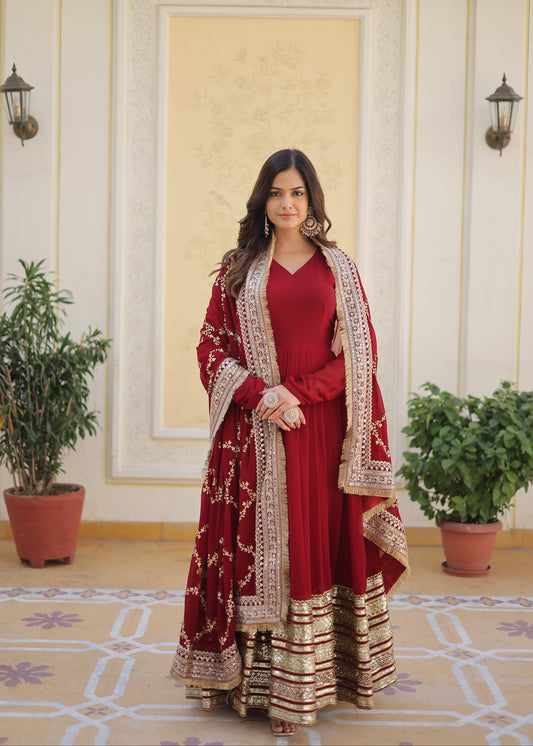 MAROON FAUX BLOOMING WITH EMBROIDERY ZARI SEQUINS-WORK GOWN