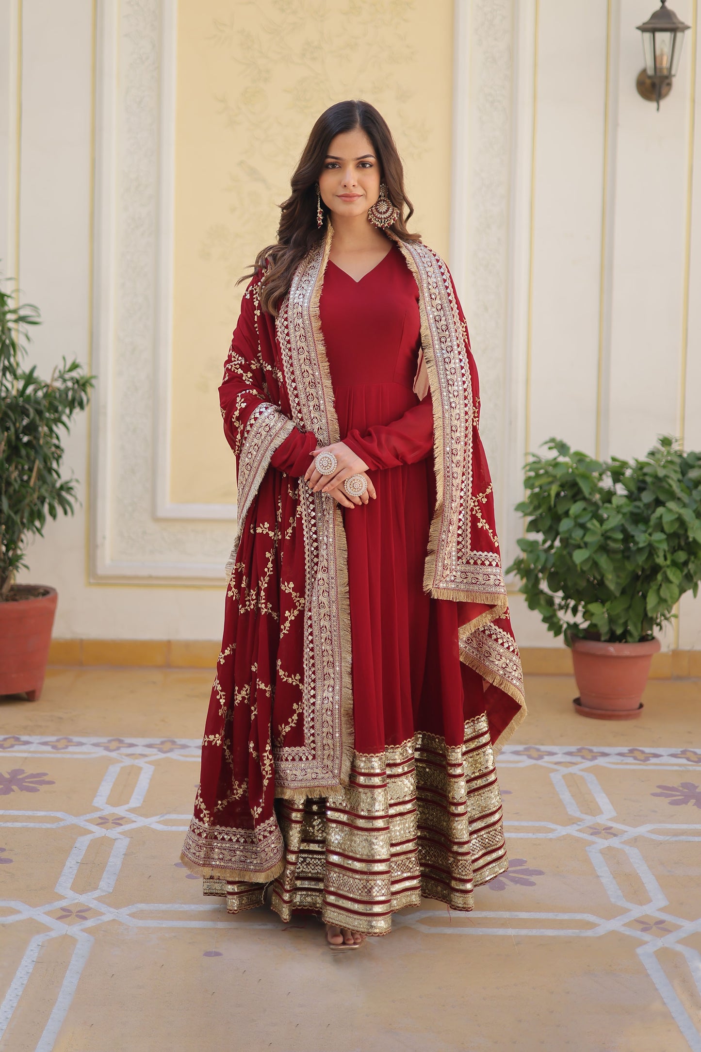 MAROON FAUX BLOOMING WITH EMBROIDERY ZARI SEQUINS-WORK GOWN