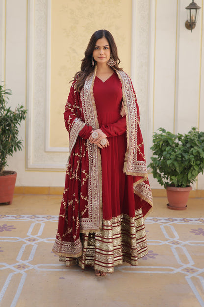 MAROON FAUX BLOOMING WITH EMBROIDERY ZARI SEQUINS-WORK GOWN