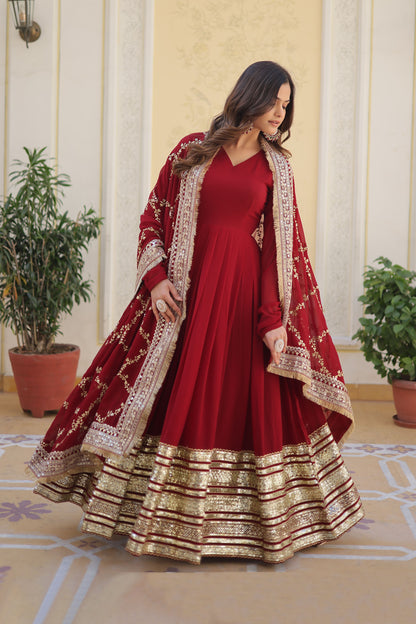 MAROON FAUX BLOOMING WITH EMBROIDERY ZARI SEQUINS-WORK GOWN