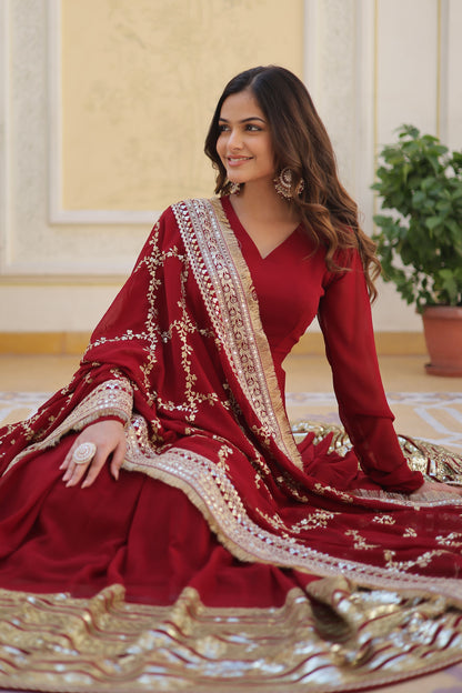 MAROON FAUX BLOOMING WITH EMBROIDERY ZARI SEQUINS-WORK GOWN