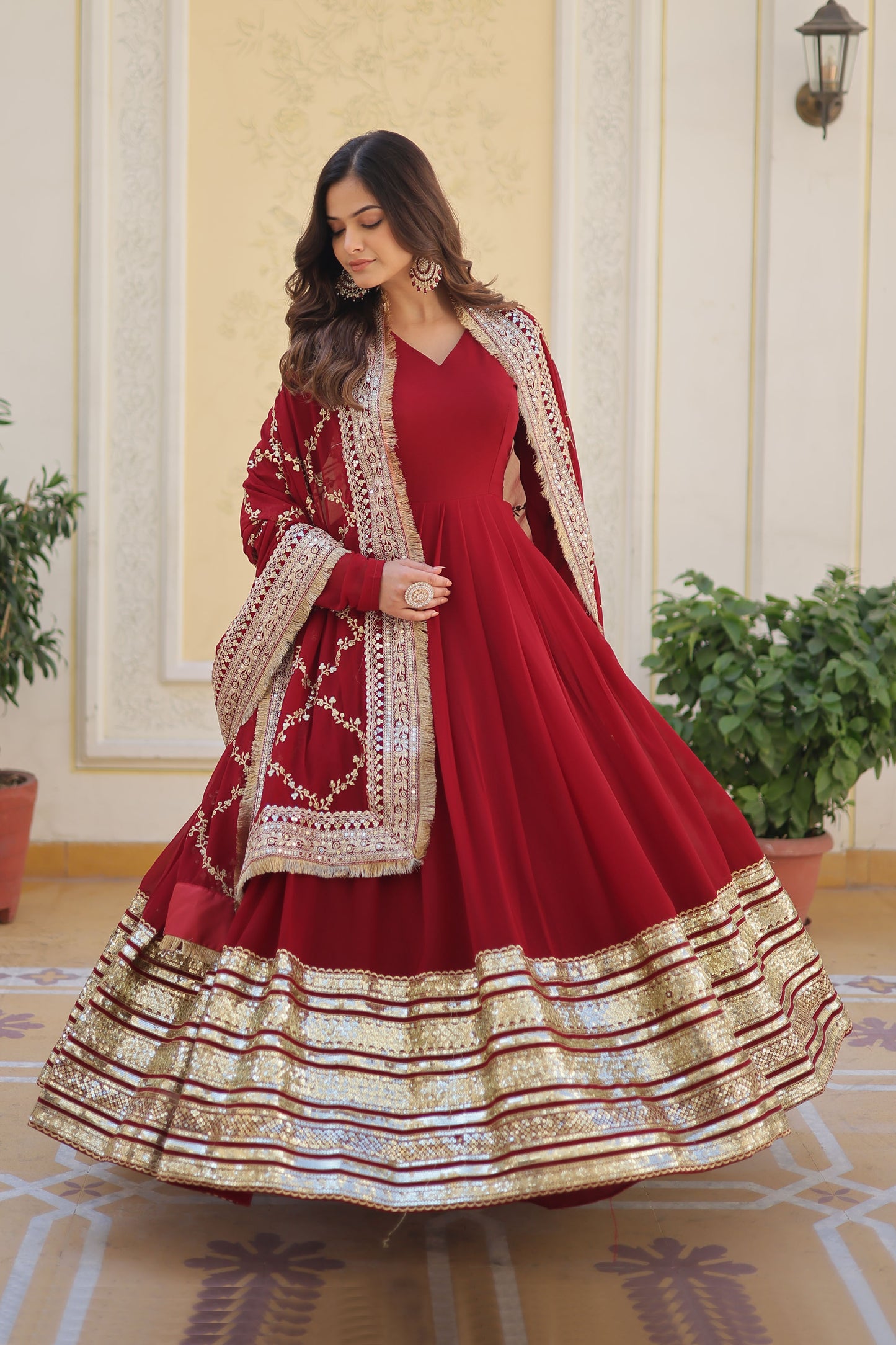 MAROON FAUX BLOOMING WITH EMBROIDERY ZARI SEQUINS-WORK GOWN