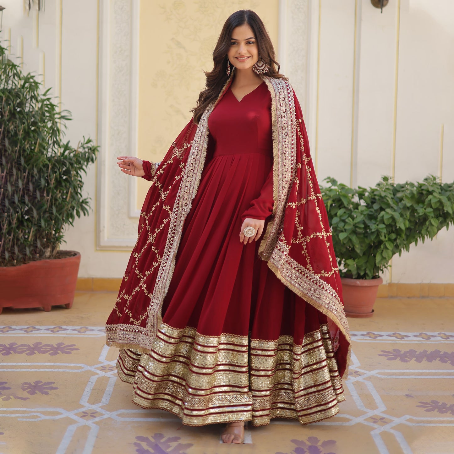 MAROON FAUX BLOOMING WITH EMBROIDERY ZARI SEQUINS-WORK GOWN