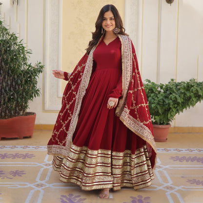 MAROON FAUX BLOOMING WITH EMBROIDERY ZARI SEQUINS-WORK GOWN
