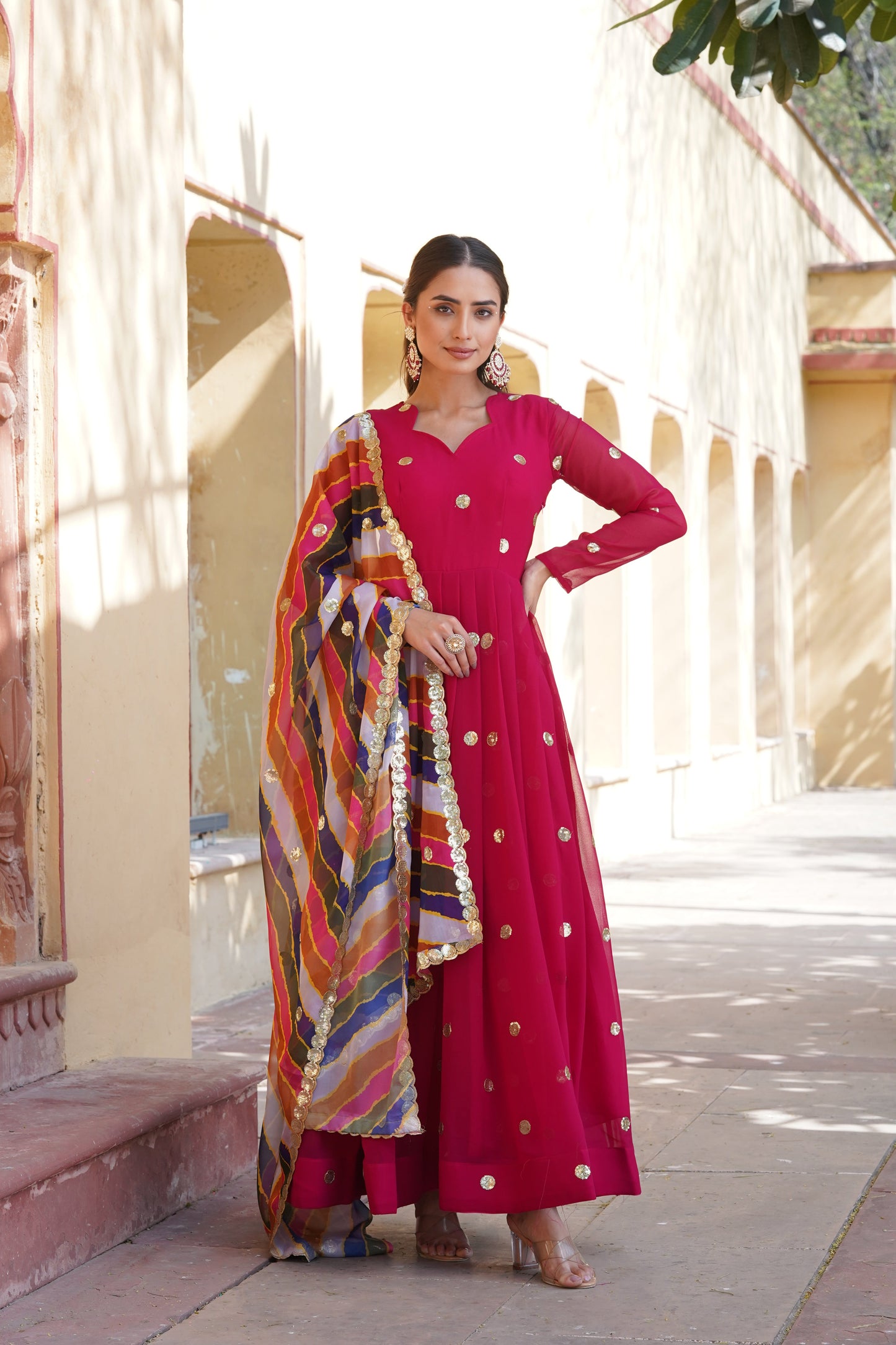ROSE RED FAUX BLOOMING WITH EMBROIDERY ZARI SEQUINS-WORK GOWN