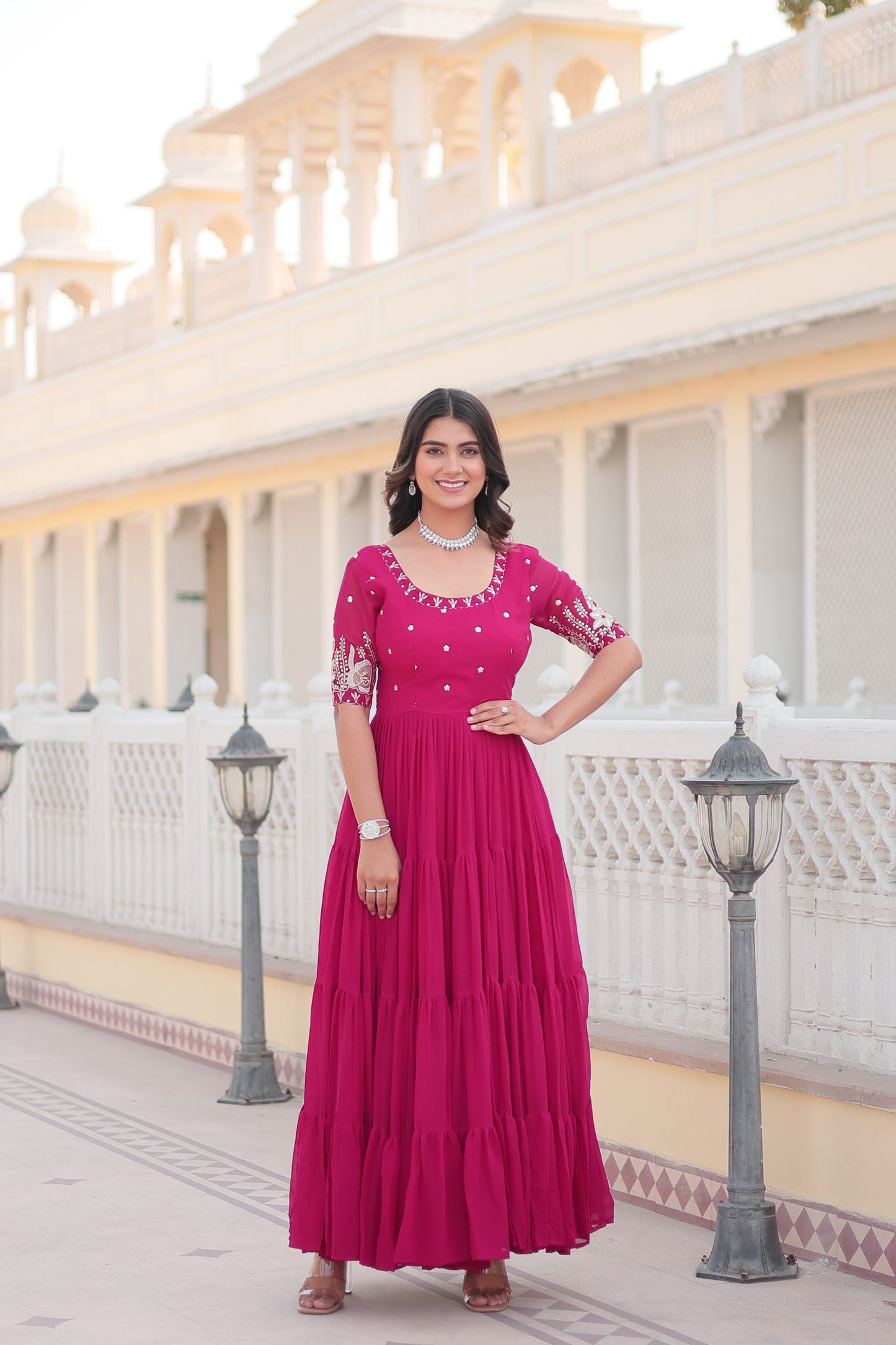 SALMON PINK FAUX BLOOMING WITH EMBROIDERY ZARI SEQUINS-WORK GOWN