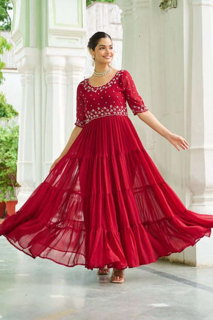 Lahriya Crimson Red Beads Embroidered Gown