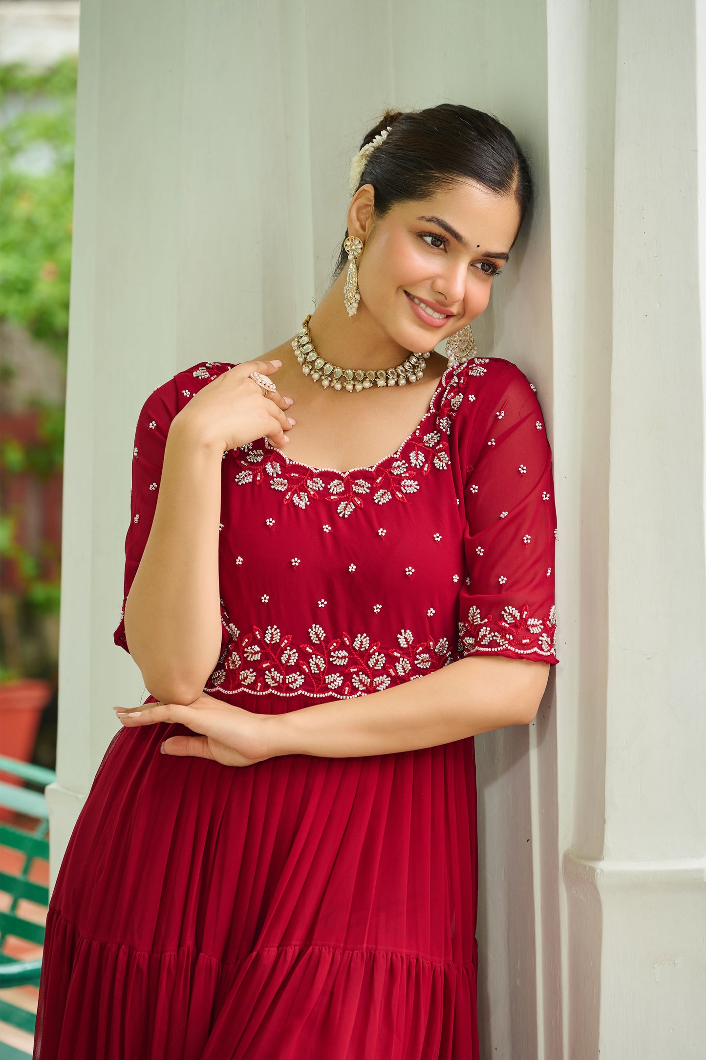 Lahriya Crimson Red Beads Embroidered Gown