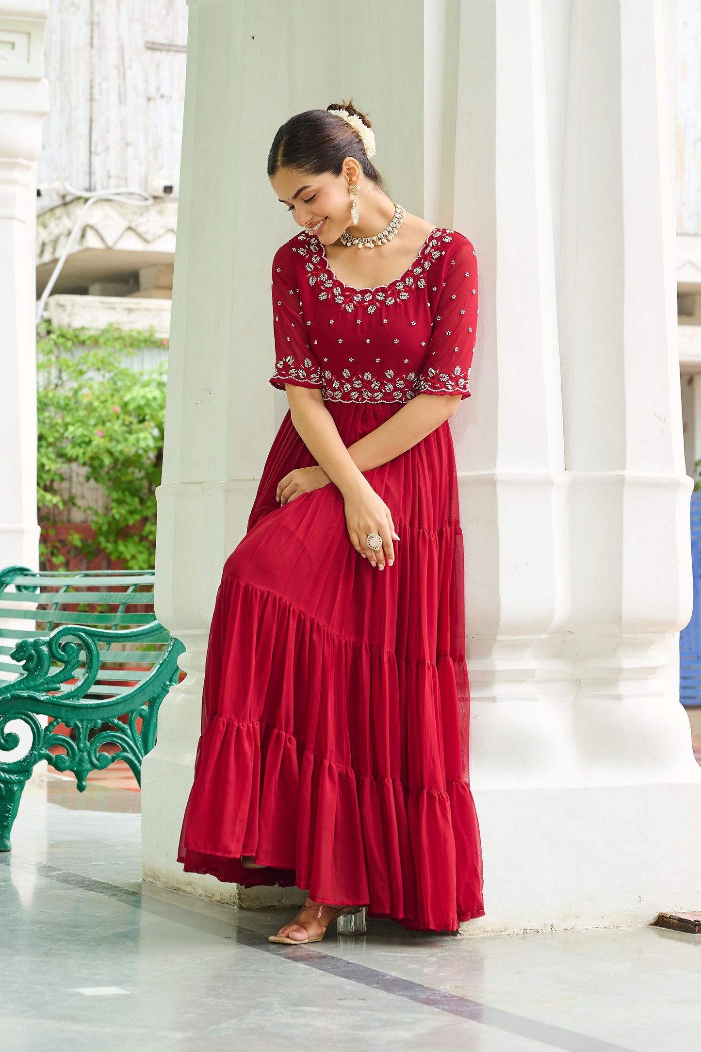Lahriya Crimson Red Beads Embroidered Gown
