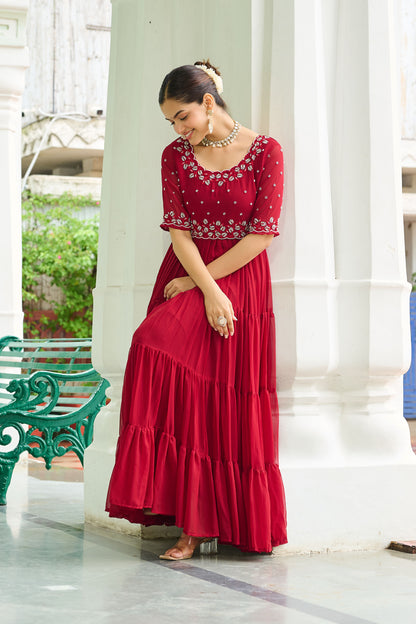 Lahriya Crimson Red Beads Embroidered Gown