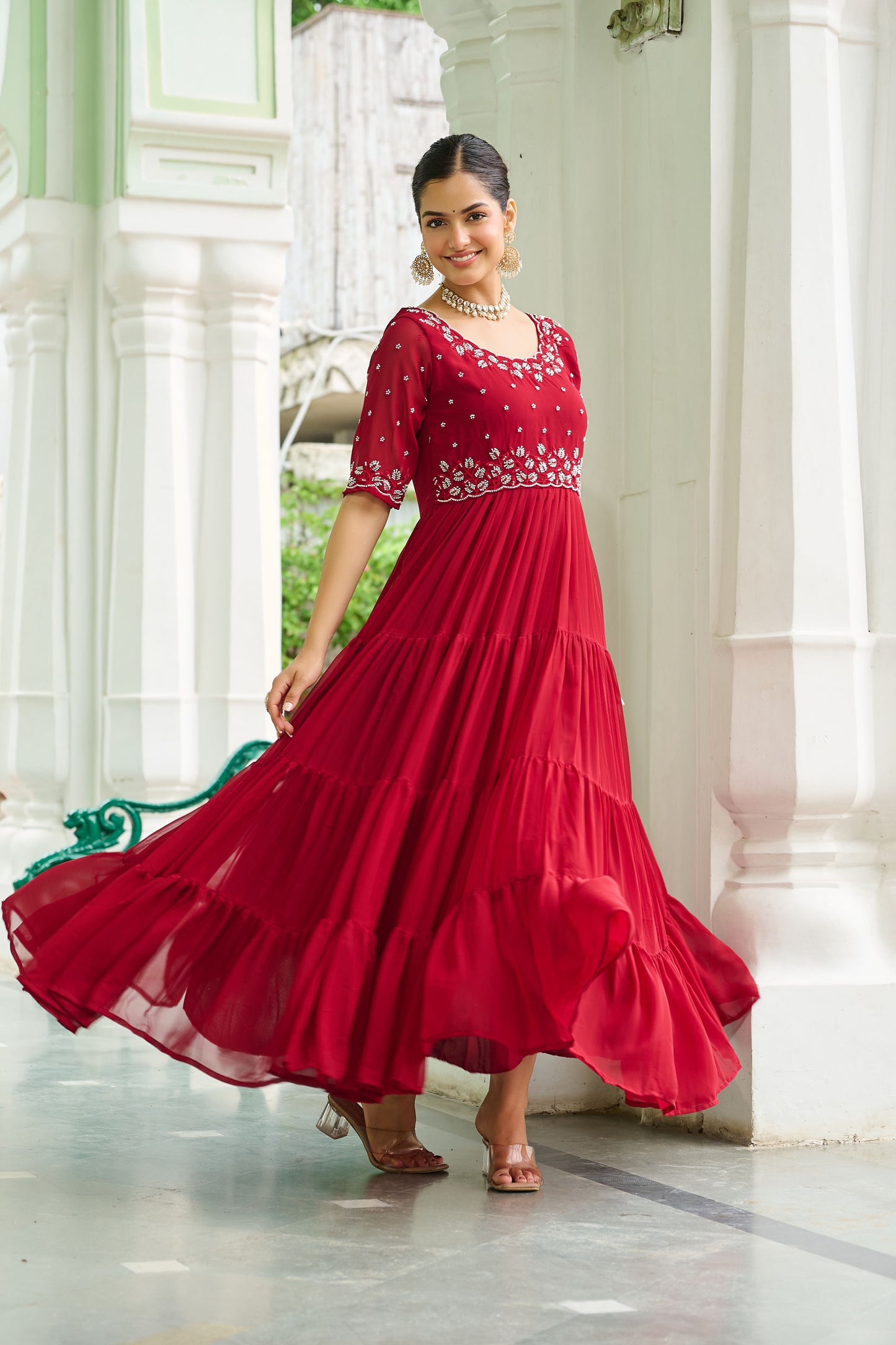 Lahriya Crimson Red Beads Embroidered Gown