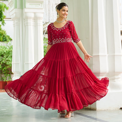 Lahriya Crimson Red Beads Embroidered Gown