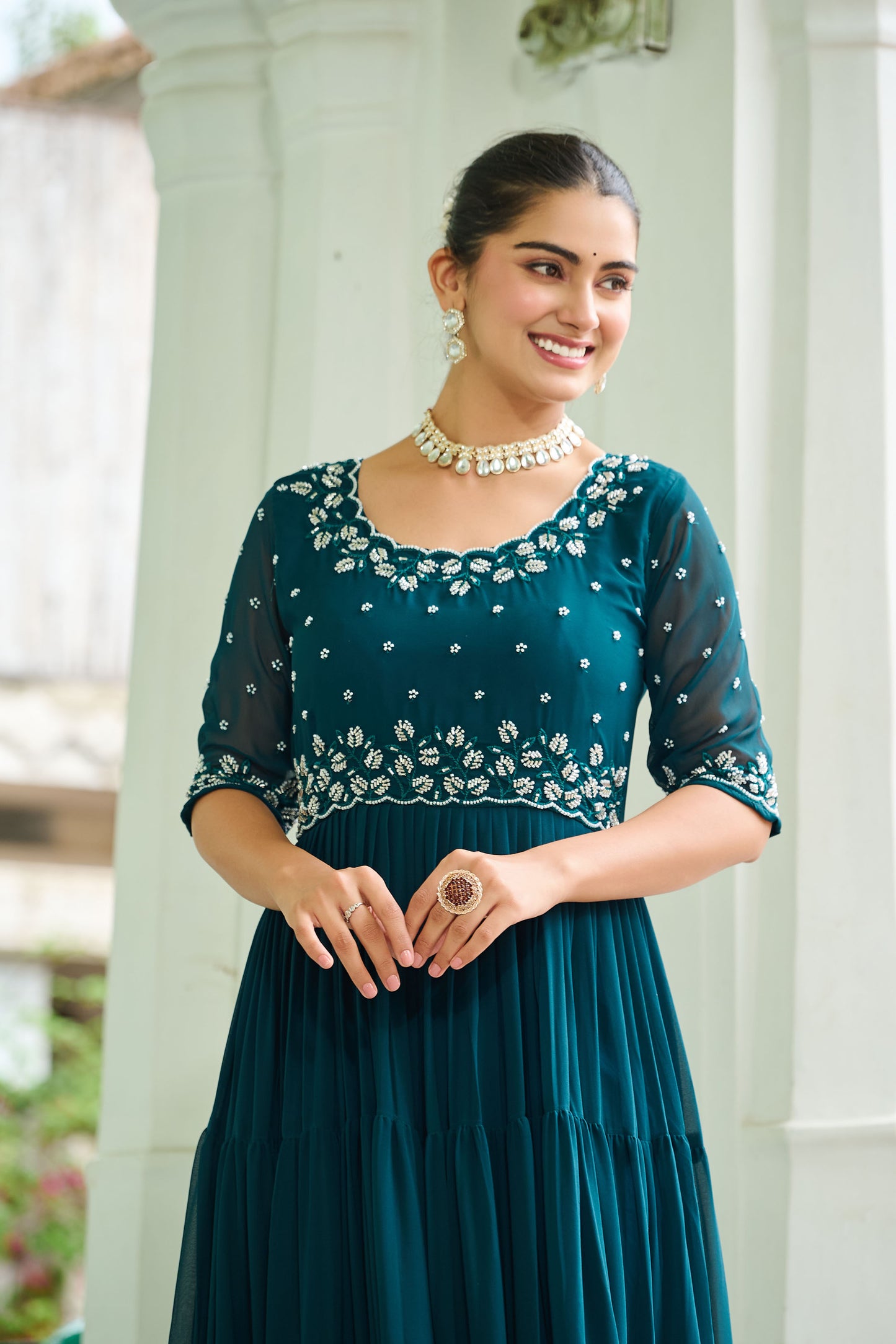 Lahriya Rama Teal Bead Embroidered Gown