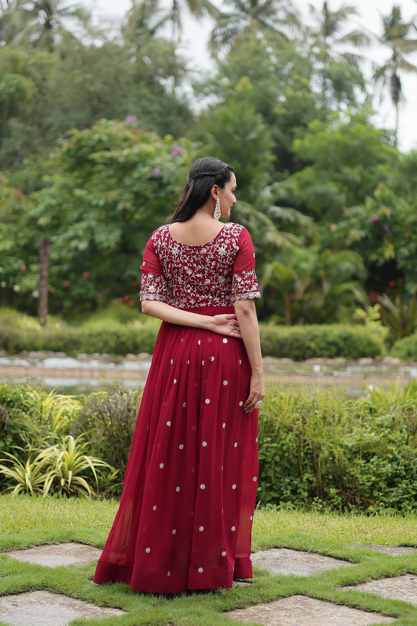 MAROON FAUX BLOOMING WITH EMBROIDERY ZARI SEQUINS-WORK GOWN