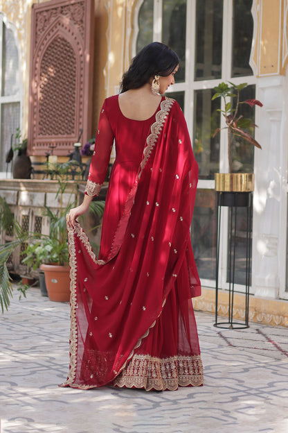 Shehnai Maroon Embroidered Faux Blooming Gown with Dupatta