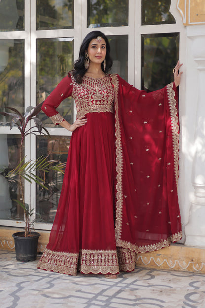 Shehnai Maroon Embroidered Faux Blooming Gown with Dupatta