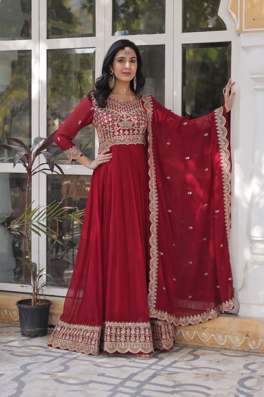 Shehnai Maroon Embroidered Faux Blooming Gown with Dupatta