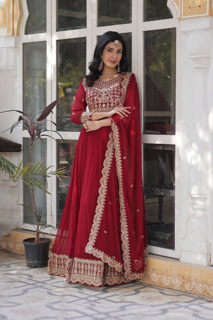 Shehnai Maroon Embroidered Faux Blooming Gown with Dupatta