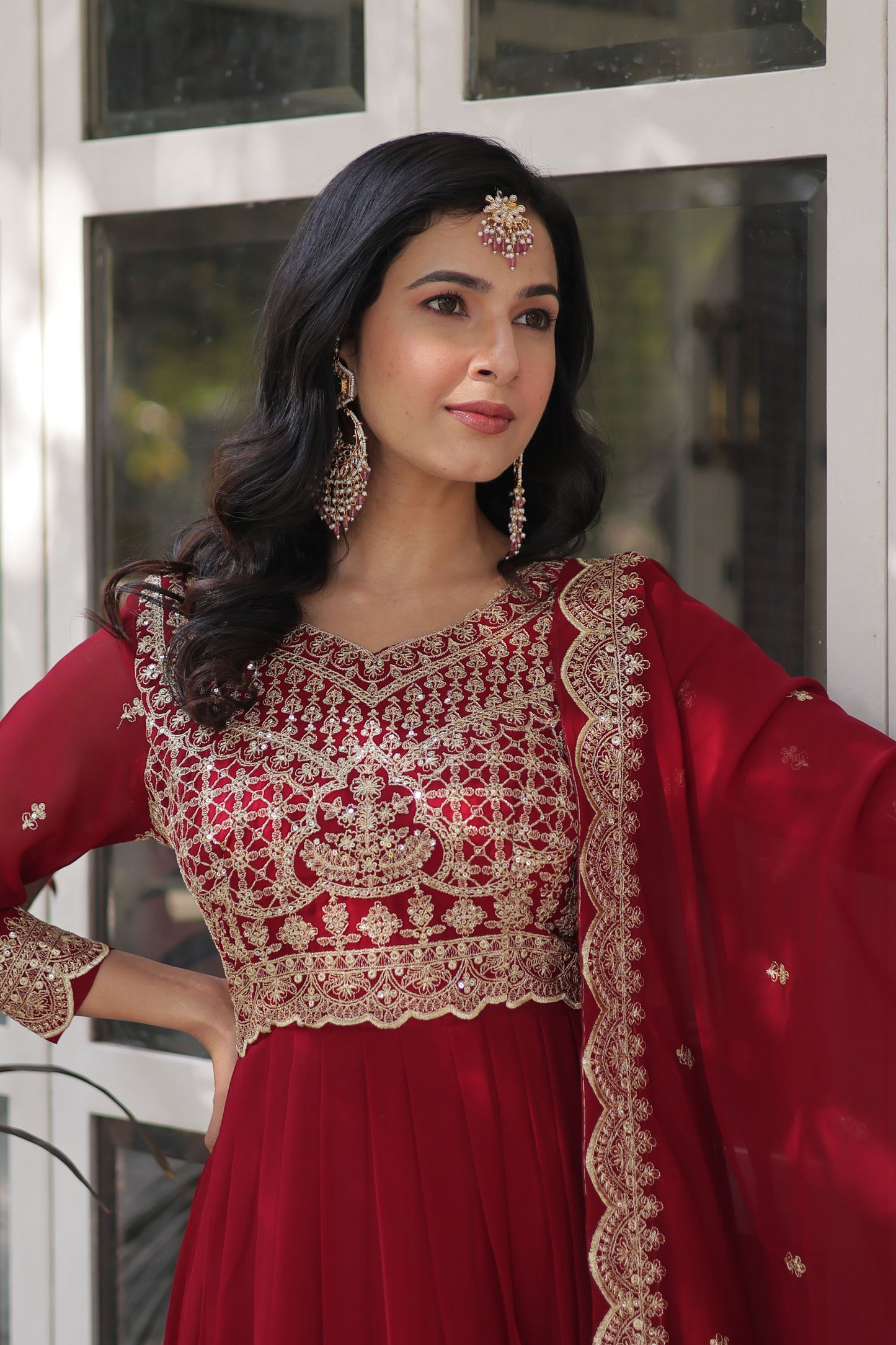 Shehnai Maroon Embroidered Faux Blooming Gown with Dupatta