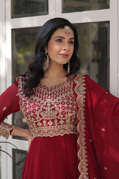 Shehnai Maroon Embroidered Faux Blooming Gown with Dupatta