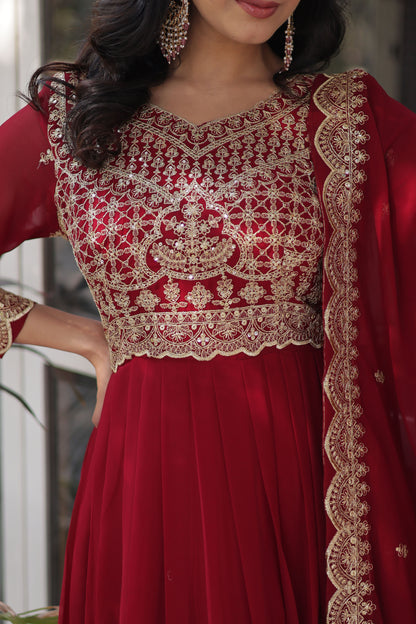 Shehnai Maroon Embroidered Faux Blooming Gown with Dupatta