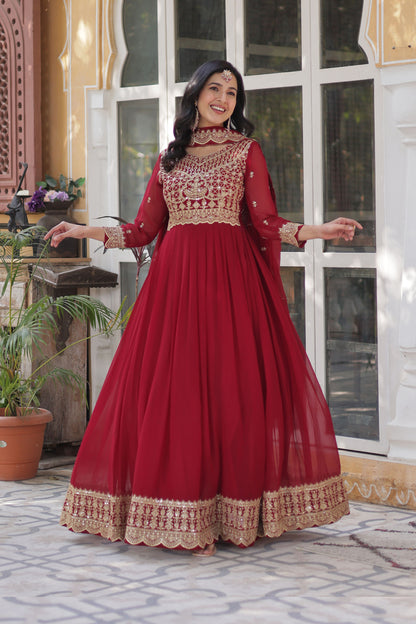 Shehnai Maroon Embroidered Faux Blooming Gown with Dupatta