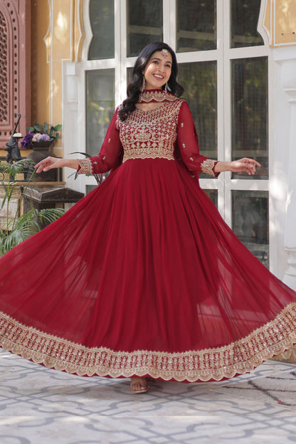 Shehnai Maroon Embroidered Faux Blooming Gown with Dupatta